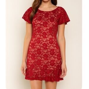 Solemio red lace over nude overlay mini form fitting cocktail dress NWOT SZ M
